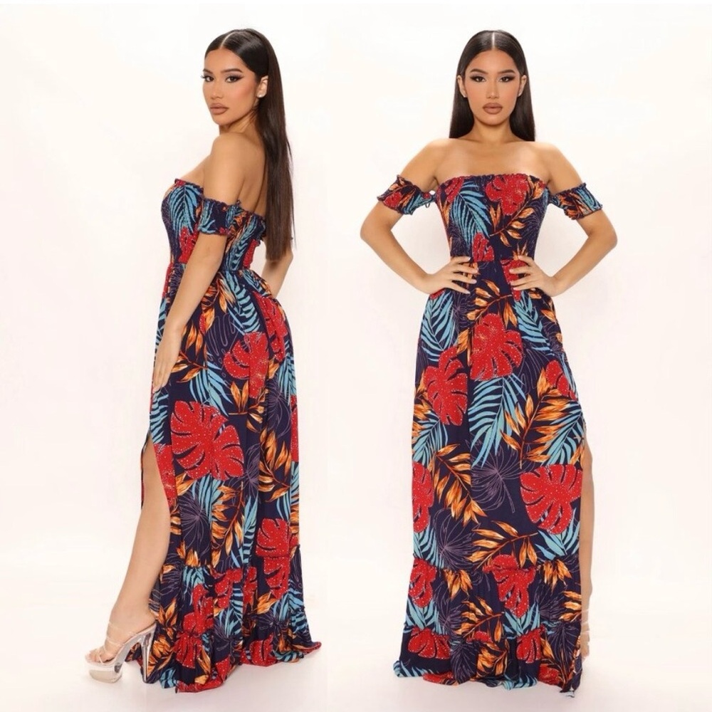 Fashion Nova Tropical Red and Blue Maxi Dress